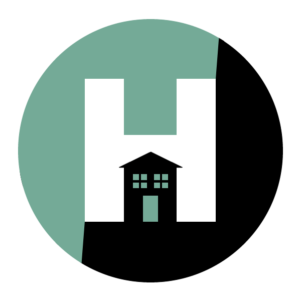 A house is depicted in a circle with a green and black background.